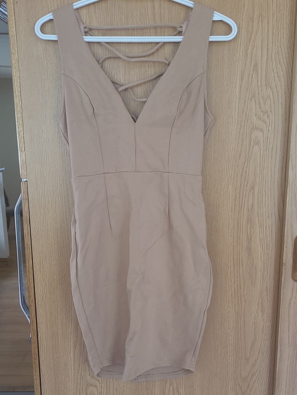 Blush Tan Sleeveless V-Neck Mini Dress with Strappy Back